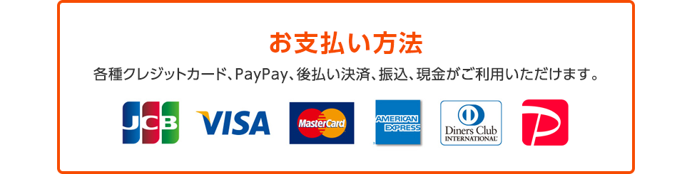 お支払い方法 各種クレジットカード、PayPay、後払い決済、振込、現金がご利用いただけます。